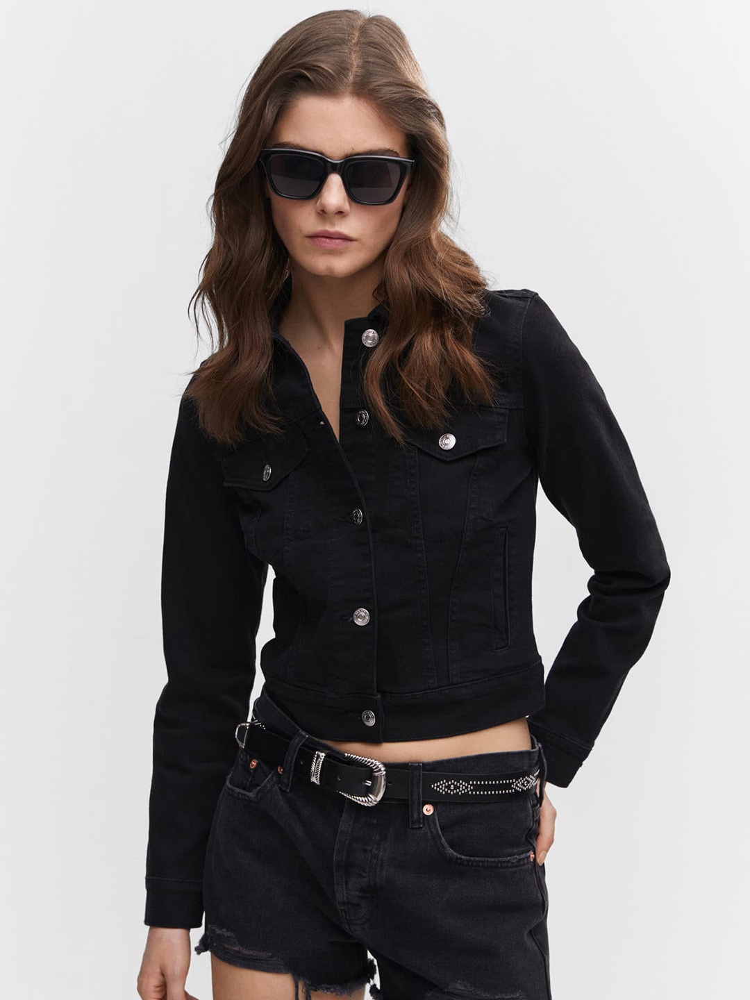

MANGO Women Solid Denim Jacket, Black