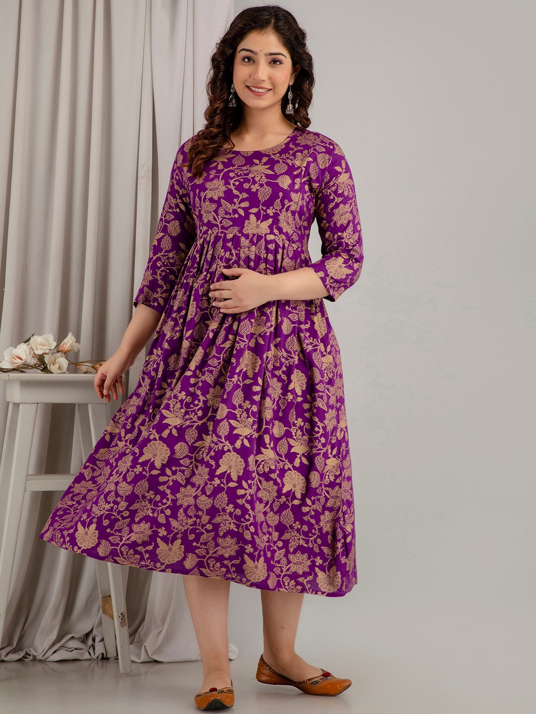 

Mialo fashion Floral Printed A-Line Maternity Kurta, Purple