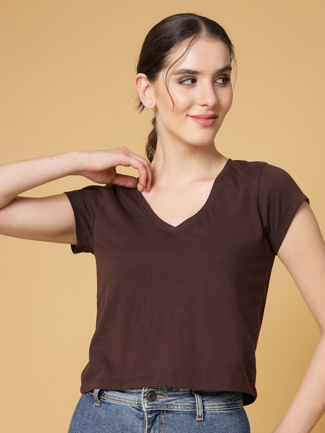 

Strong And Brave Odour free V-Neck Regular Sleeves Cotton Crop T-shirt, Brown