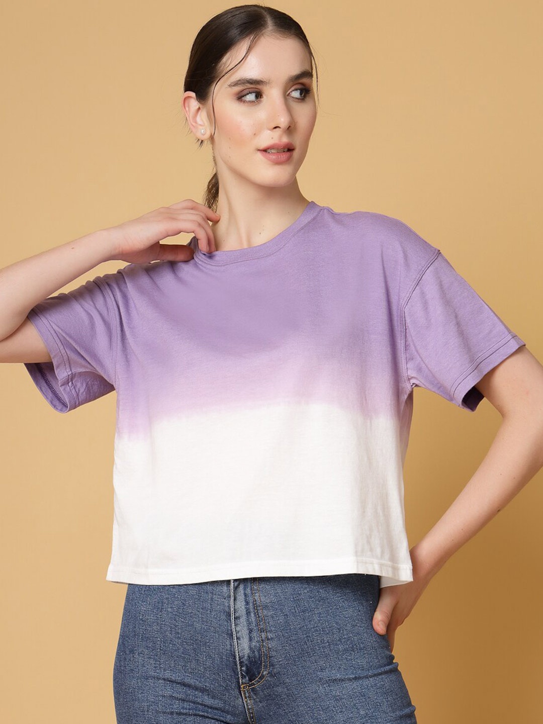 

Strong And Brave Odour free Colourblocked Drop Shoulder Sleeves Boxy Fit Cotton T-shirt, Purple