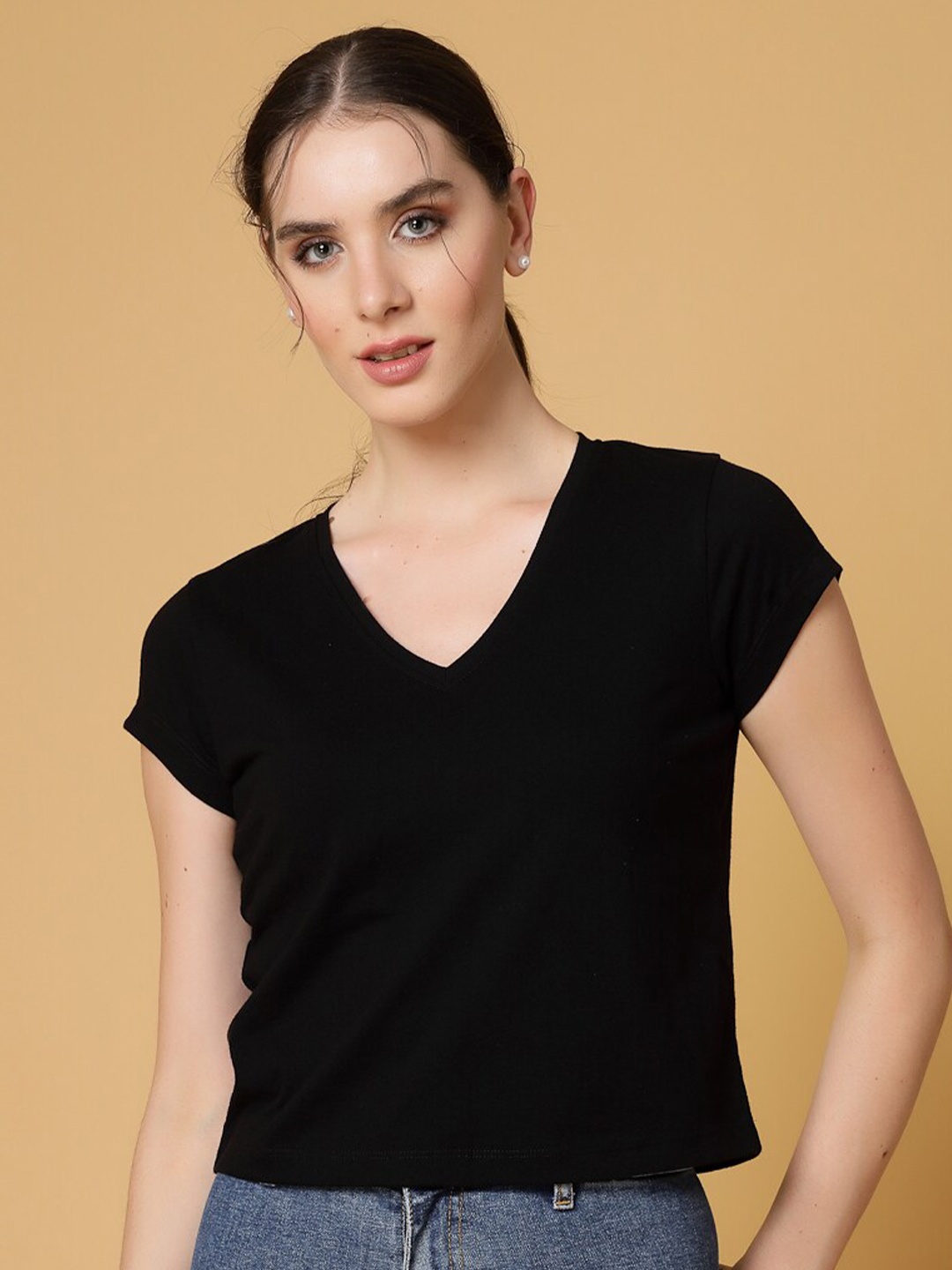 

Strong And Brave Odour free V-Neck Regular Sleeves Cotton Crop T-shirt, Black