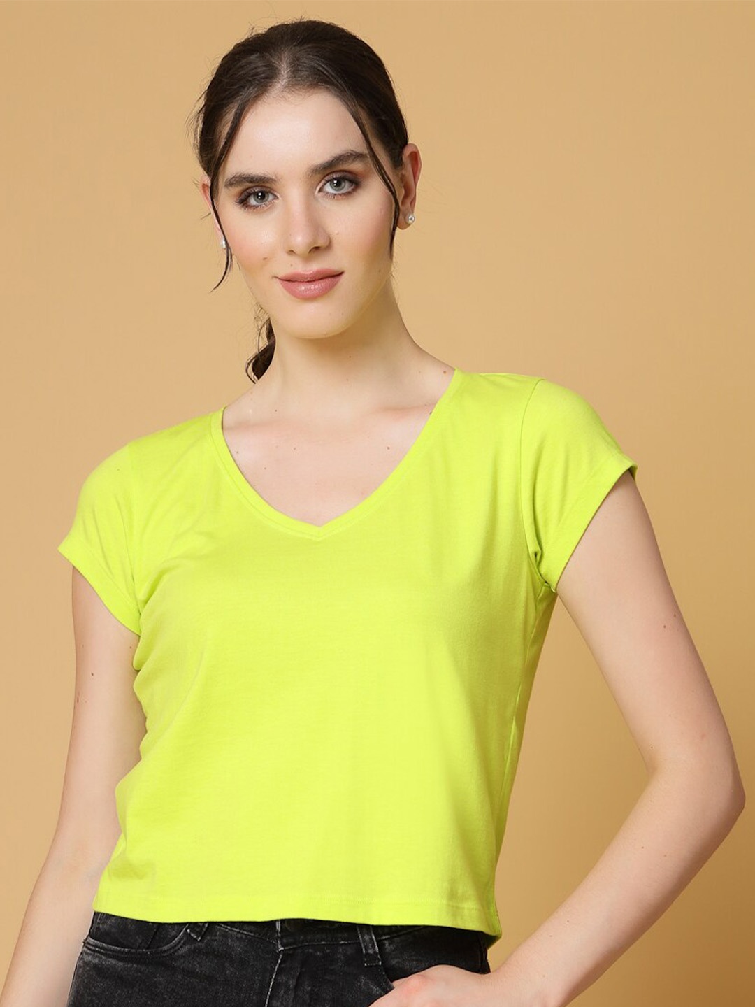 

Strong And Brave Odour free V-Neck Regular Sleeves Cotton Crop T-shirt, Fluorescent green