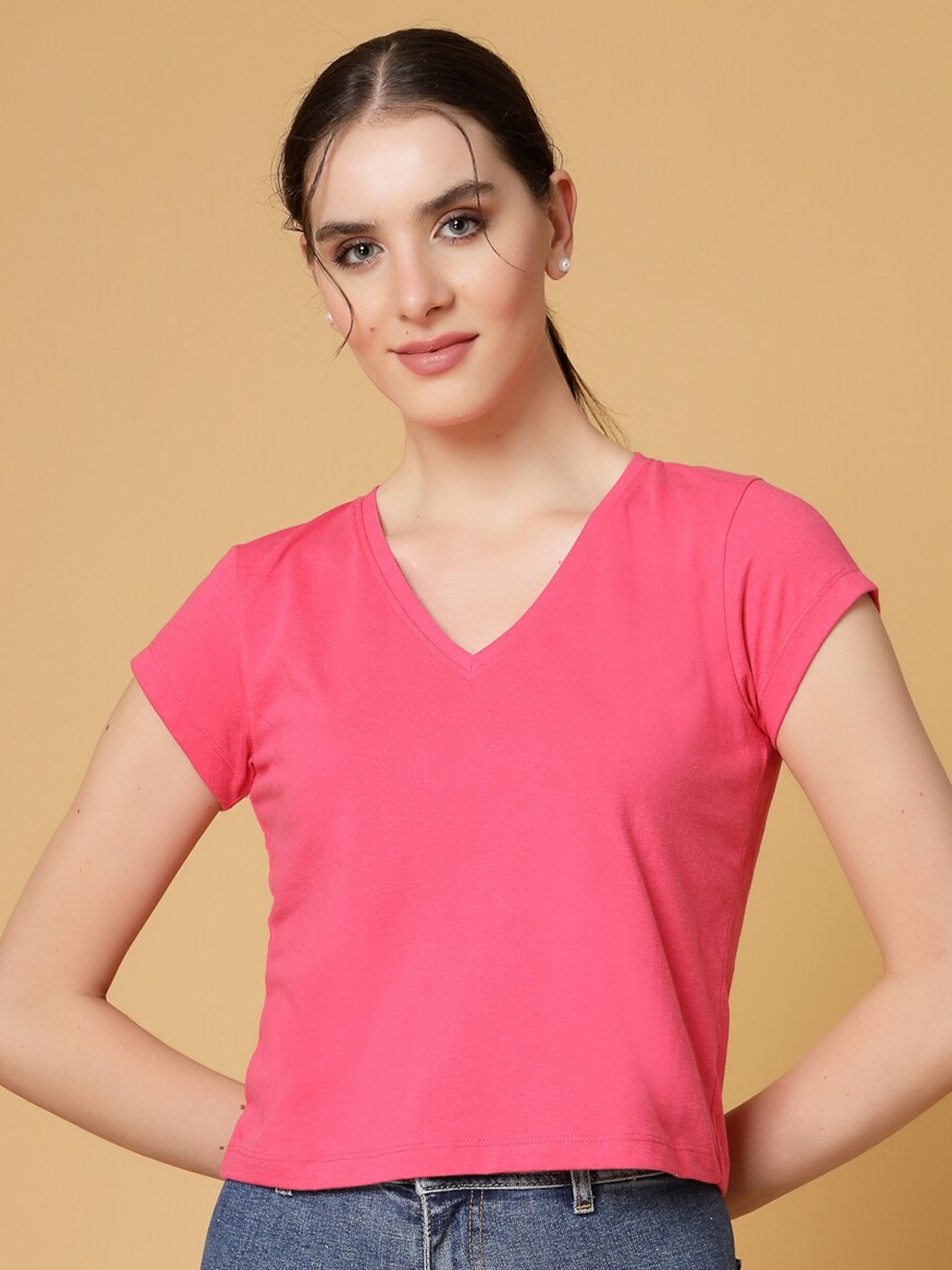 

Strong And Brave Odour free V-Neck Regular Sleeves Cotton Crop T-shirt, Pink