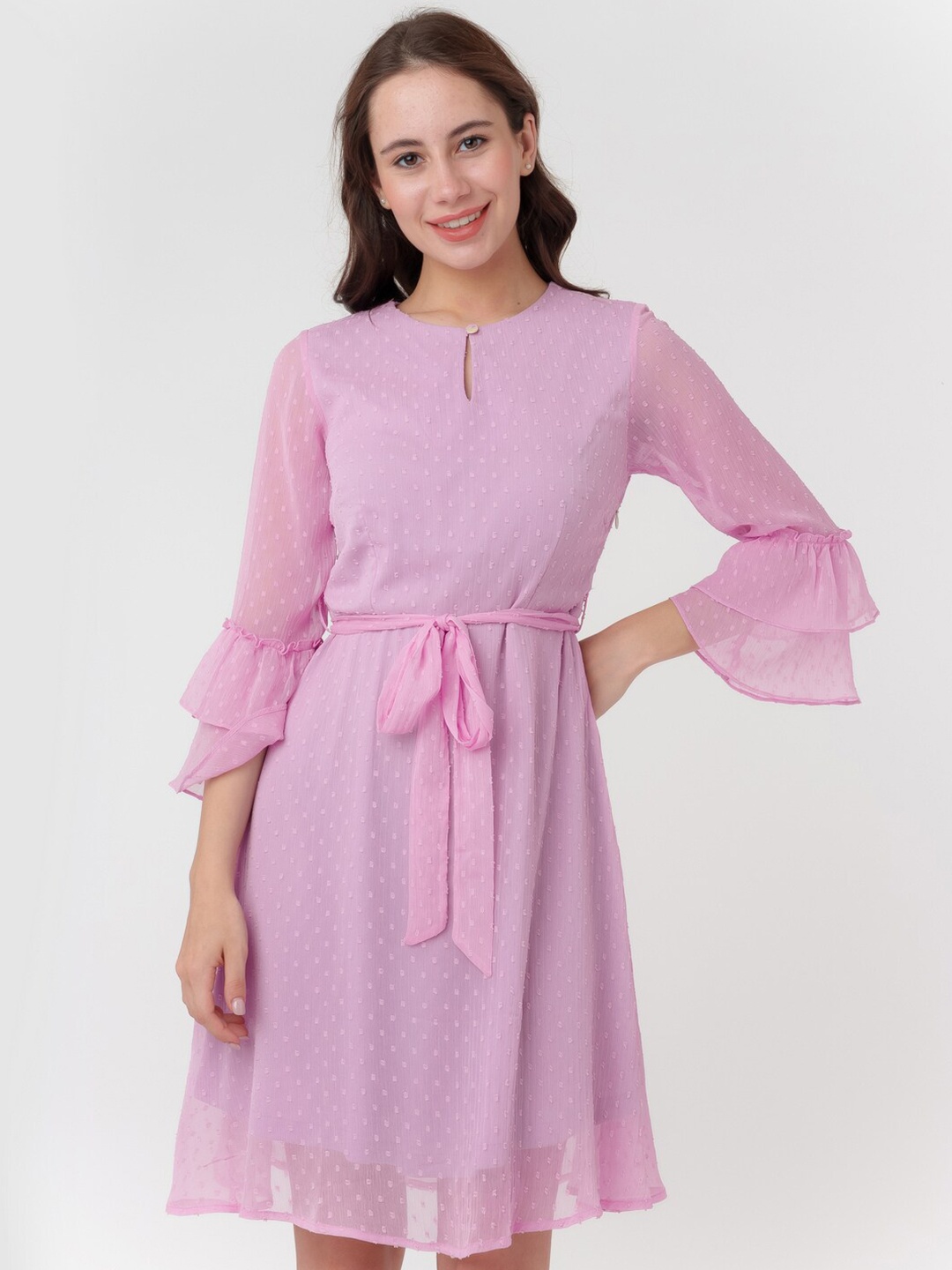

Zink London Self Design Keyhole Neck Bell Sleeve Tie Up Detail A-Line Dress, Pink