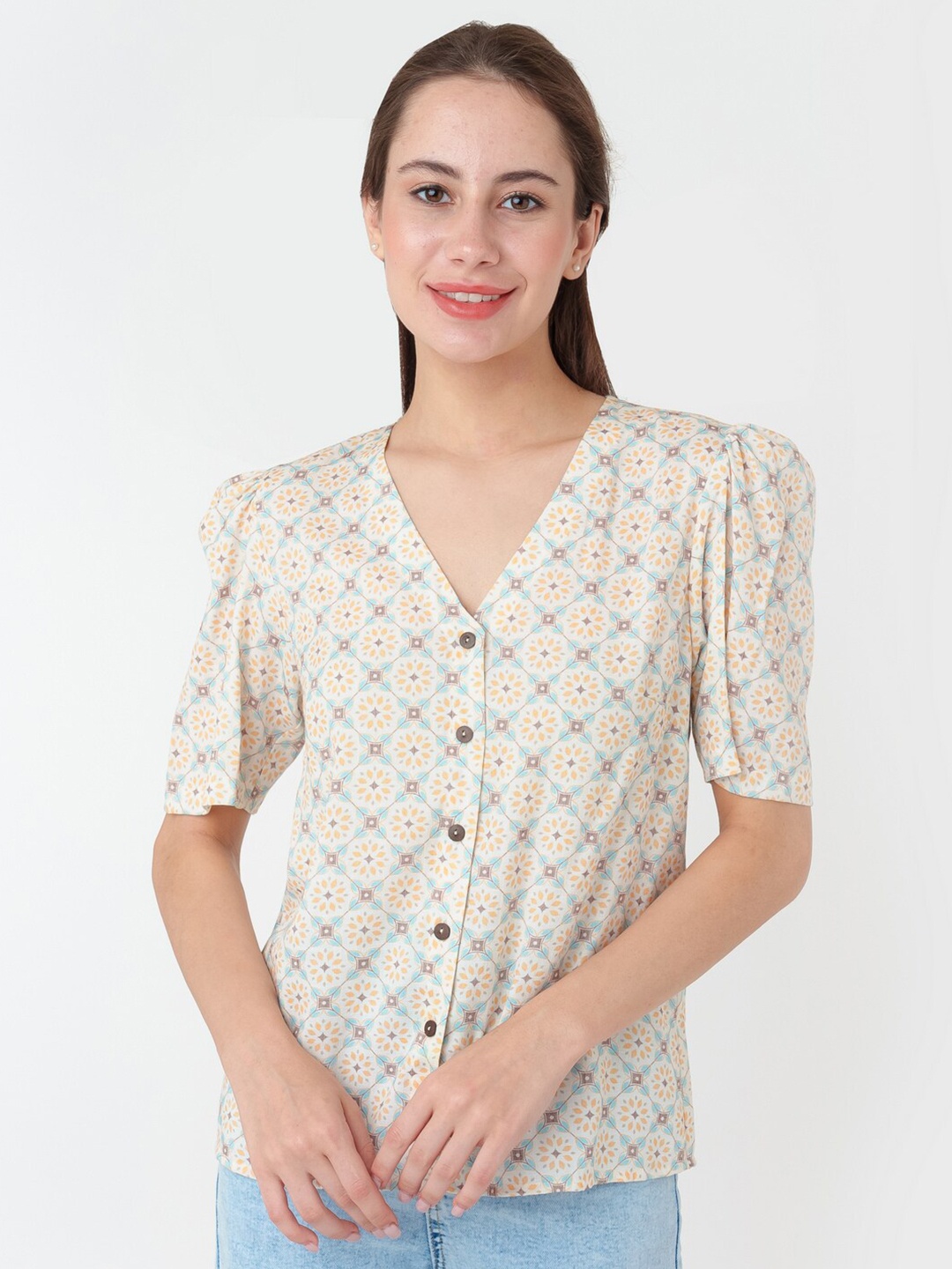 

Zink London White& Blue Ethnic Motifs Printed Puffed Sleeves A-Line Top