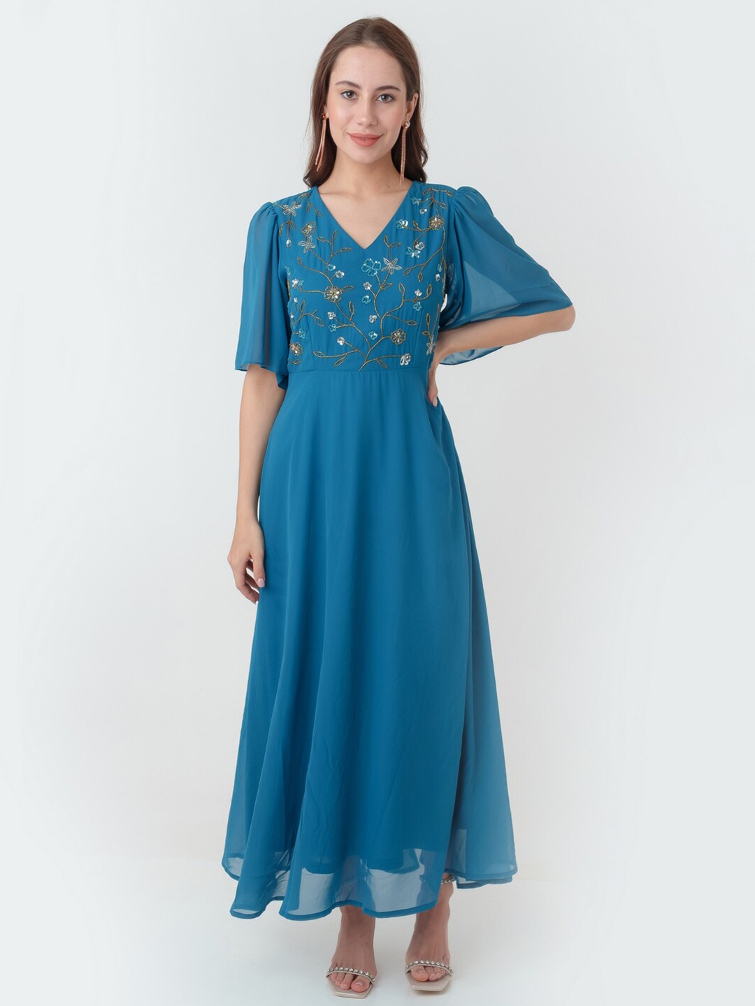 

Zink London Flared Sleeve Sequined Maxi Dress, Blue