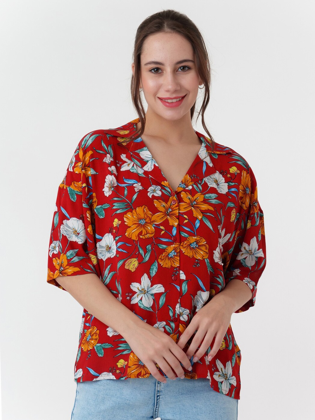 

Zink London Floral Printed Shirt Collar Cotton Shirt Style Top, Red
