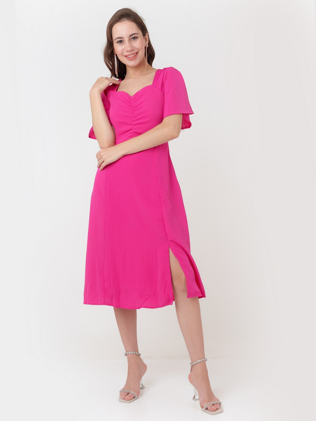 

Zink London Sweetheart Neck Flared Sleeve A-Line Midi Dress, Pink