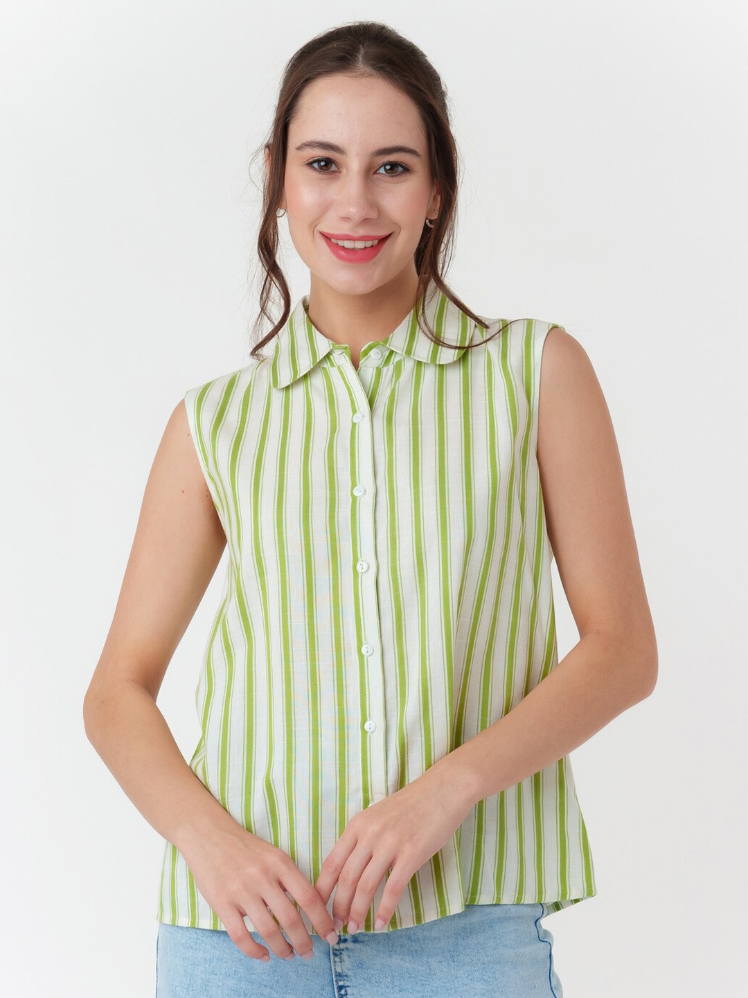 

Zink London Striped Printed Shirt Collar Cotton Shirt Style Top, White