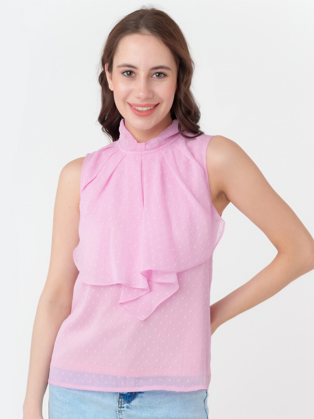 

Zink London Pink Self Design High Neck Ruffles Top