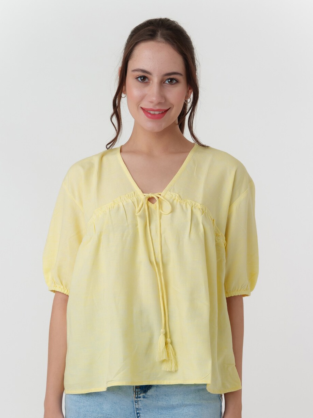 

Zink London Tie-Up Neck Puff Sleeves A-Line Top, Yellow