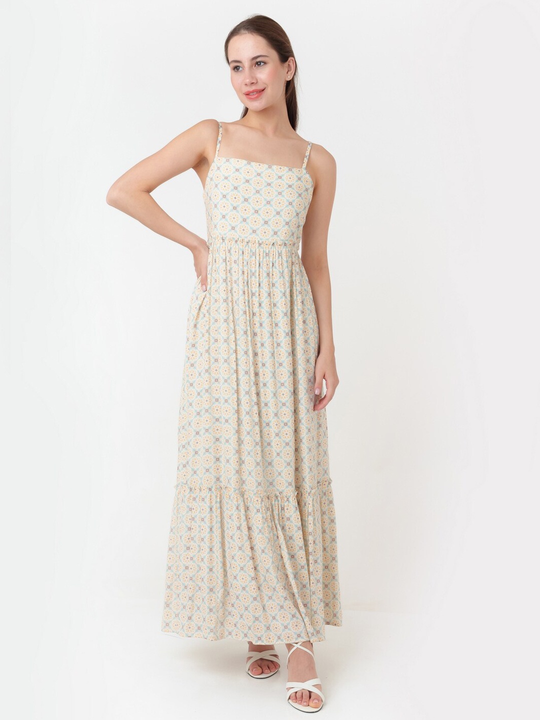 

Zink London Ethnic Motifs Shoulder Straps Printed A-Line Maxi Dress, Beige