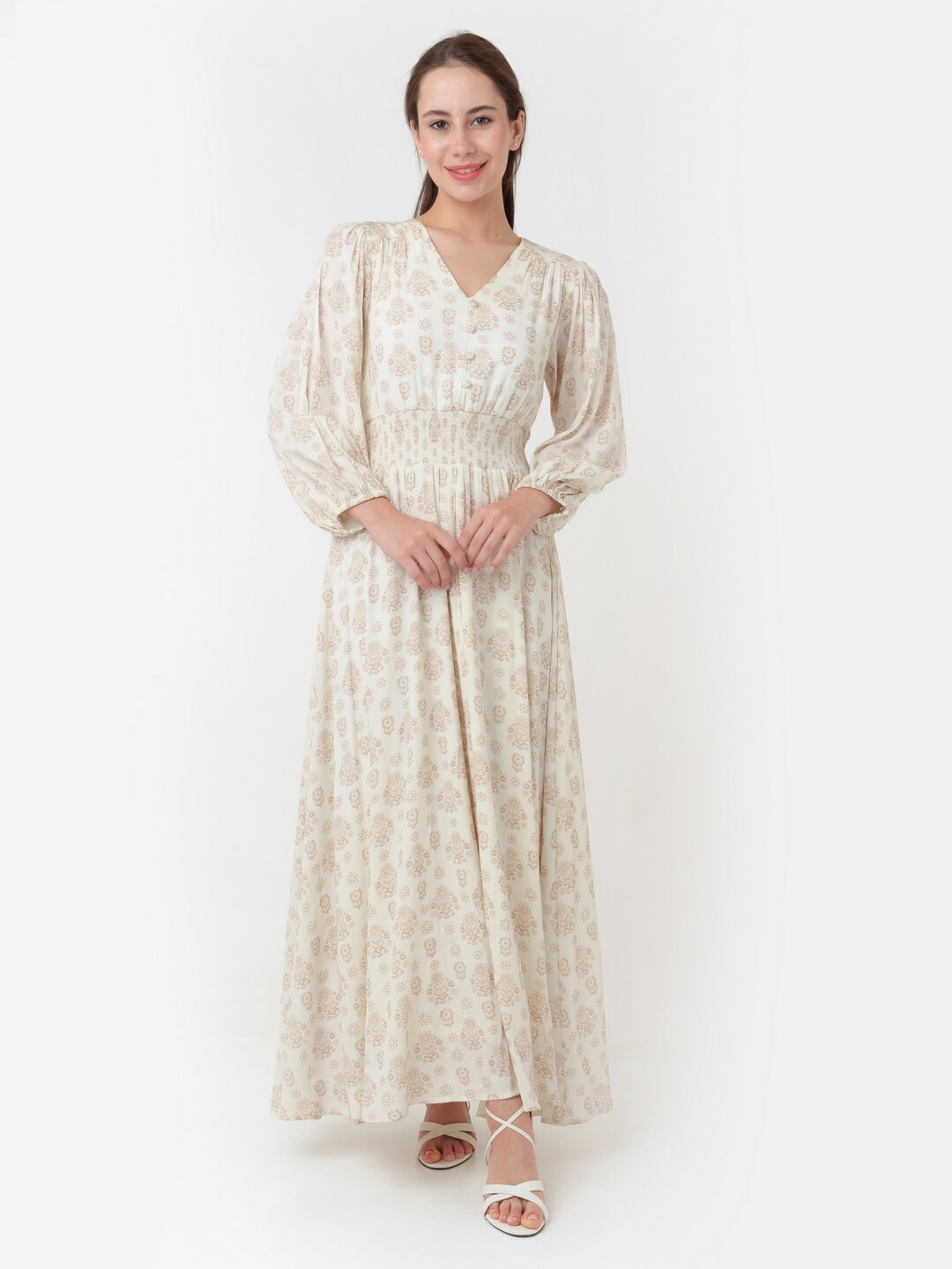 

Zink London Floral Printed V-Neck Puff Sleeves Maxi Dress, Beige