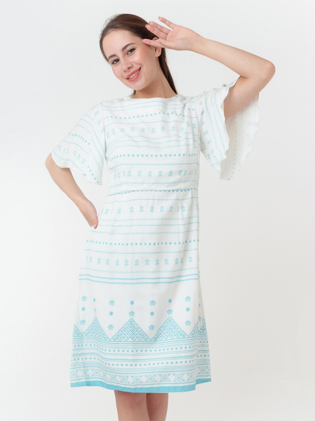 

Zink London Geometric Printed Flared Sleeves A-Line Dress, White