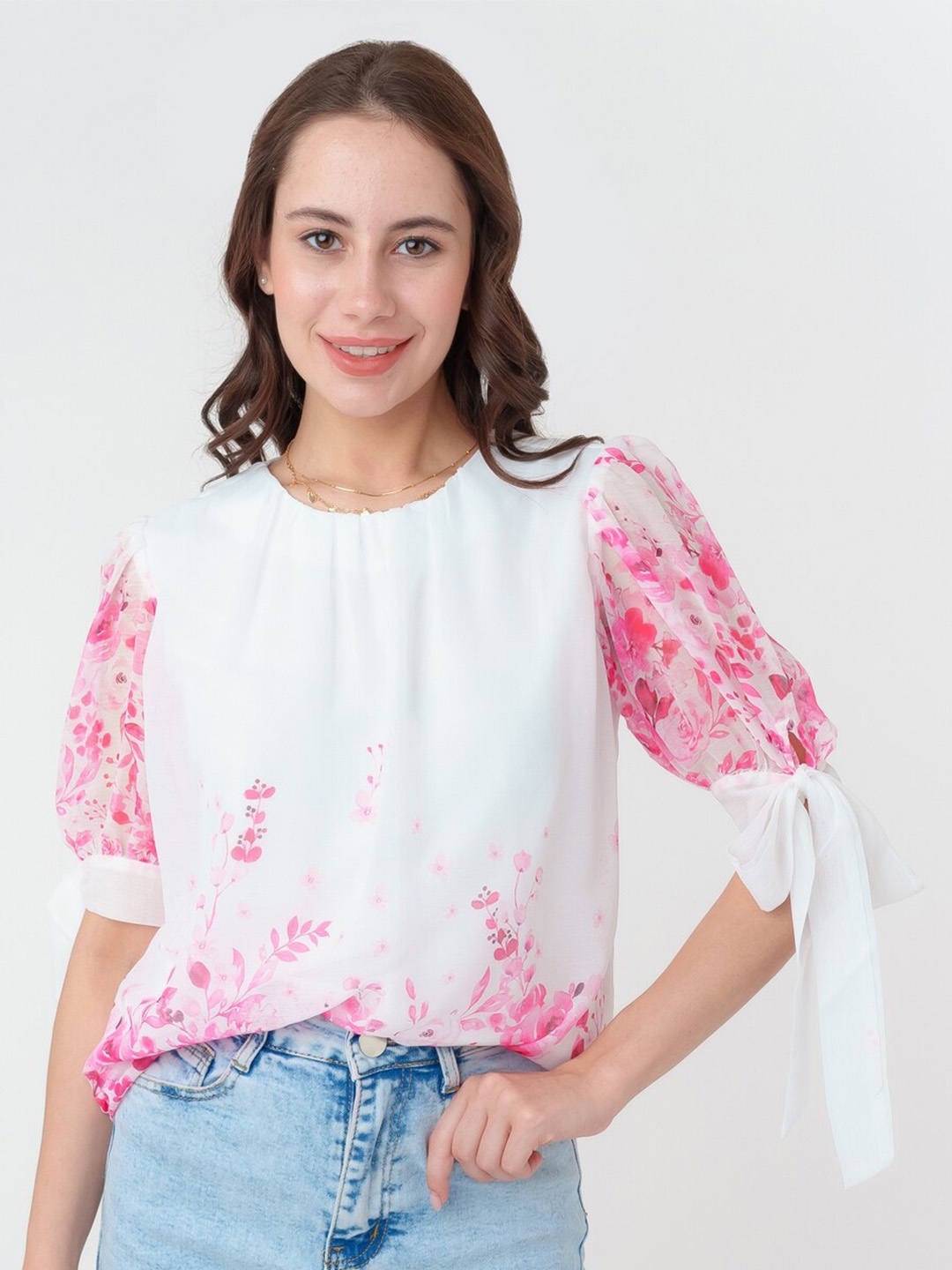

Zink London Floral Printed Regular Top, White