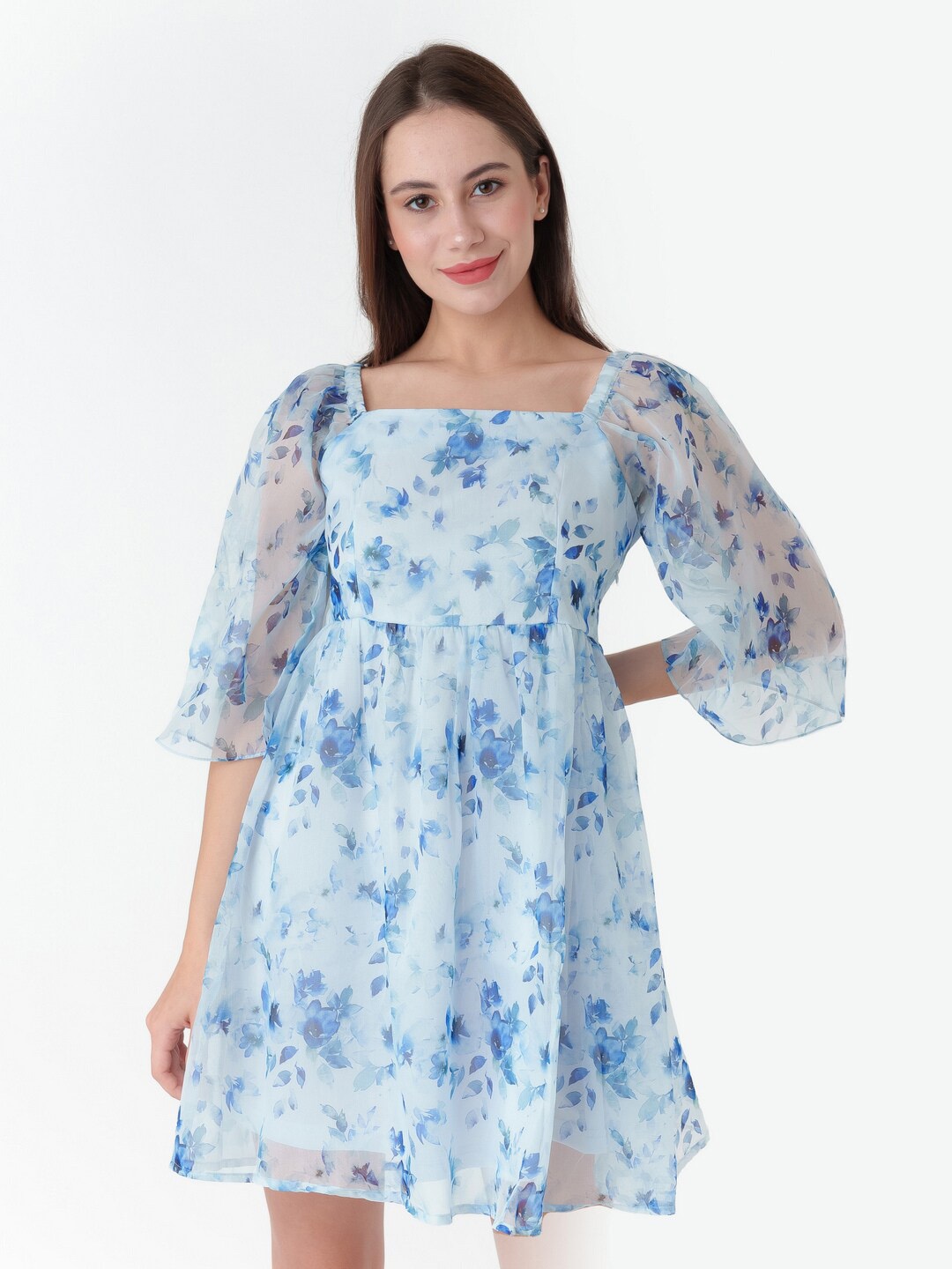 

Zink London Floral Printed Square Neck Puffed Sleeves Fit and Flare Mini Dress, Blue