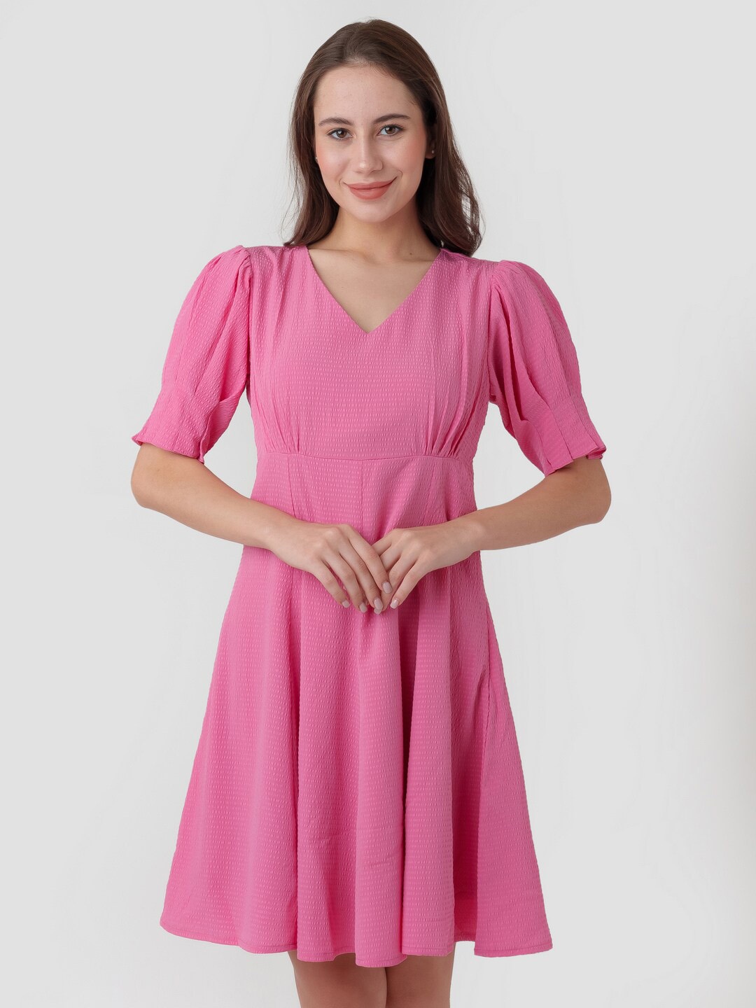 

Zink London Pink Textured V-Neck Puff Sleeevs A-Line Above Knee Length Dress