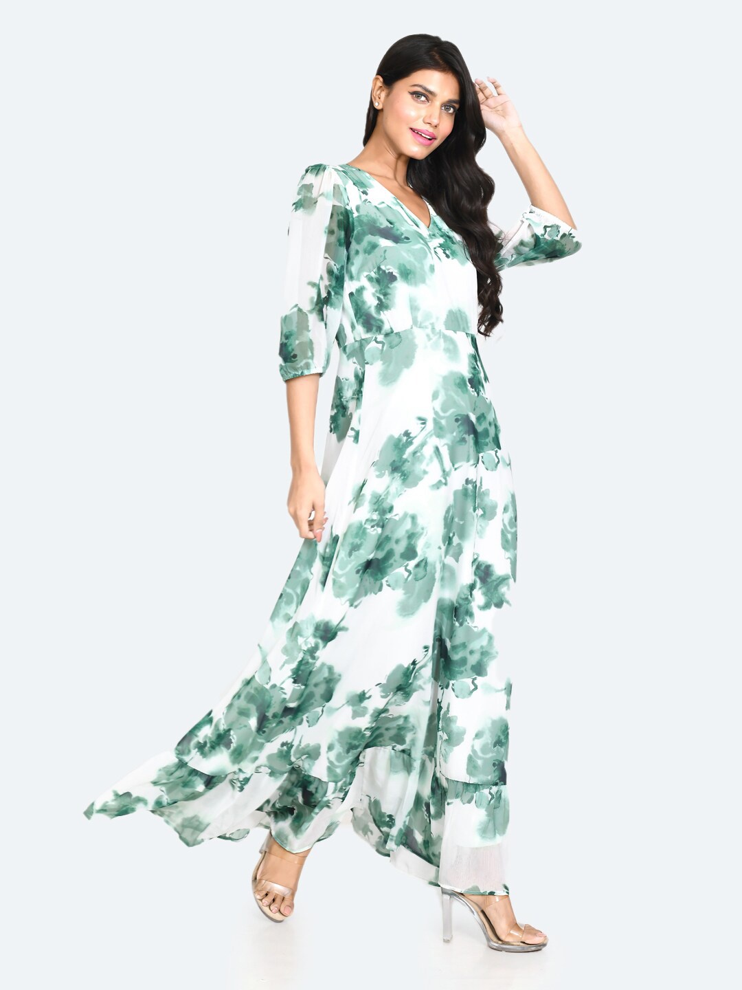 

Zink London Abstract Printed Puffed Sleeves A-Line Maxi Dress, White