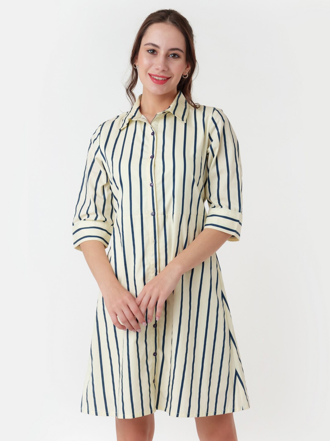 

Zink London Striped Tie Ups Pure Cotton Shirt Style Mini Dress, White