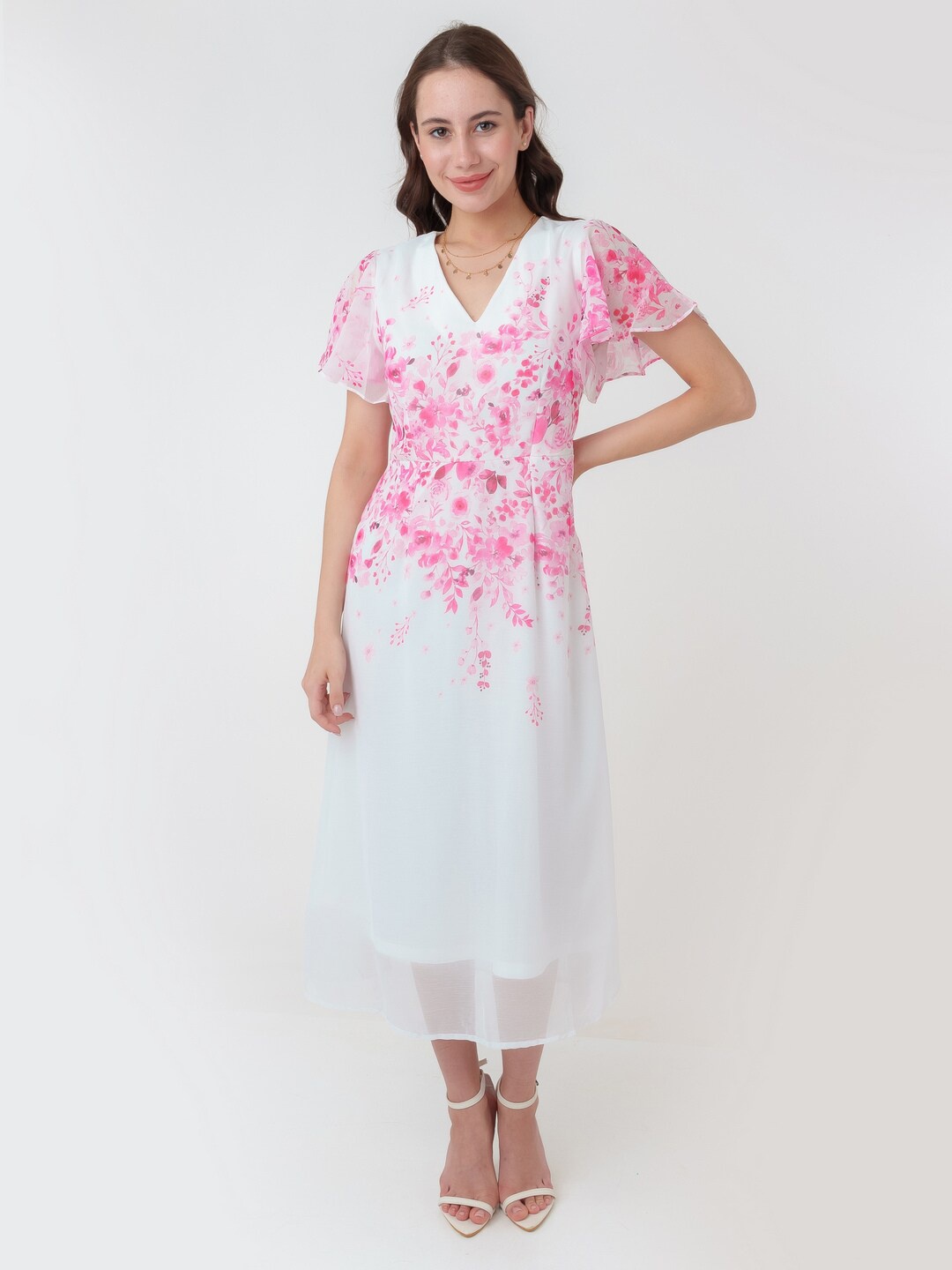 

Zink London Floral Printed Flared Sleeve A-Line Midi Dress, White