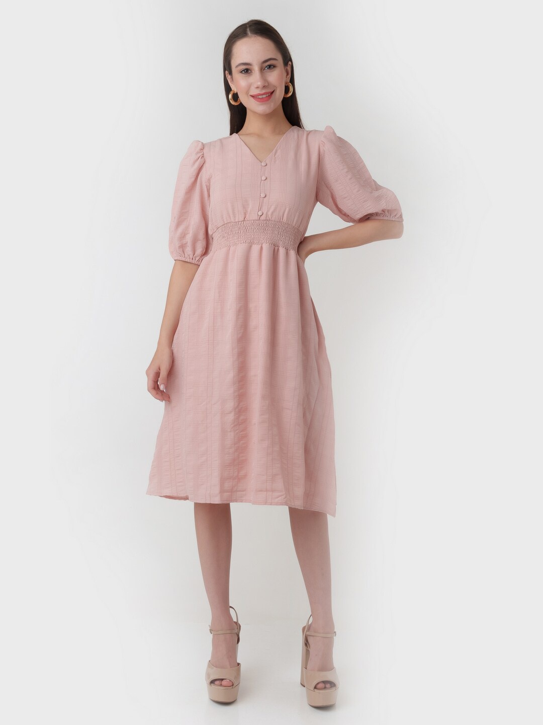 

Zink London Self Design Puffed Sleeves Smocked A-Line Midi Dress, Pink