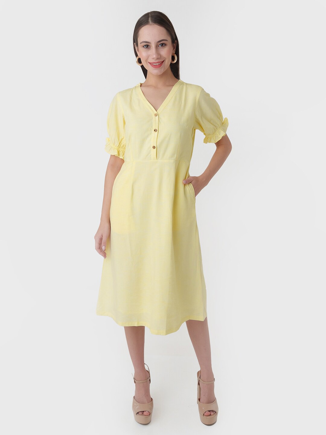 

Zink London Yellow V-Neck Puff Sleeve A-Line Knee Length Dress