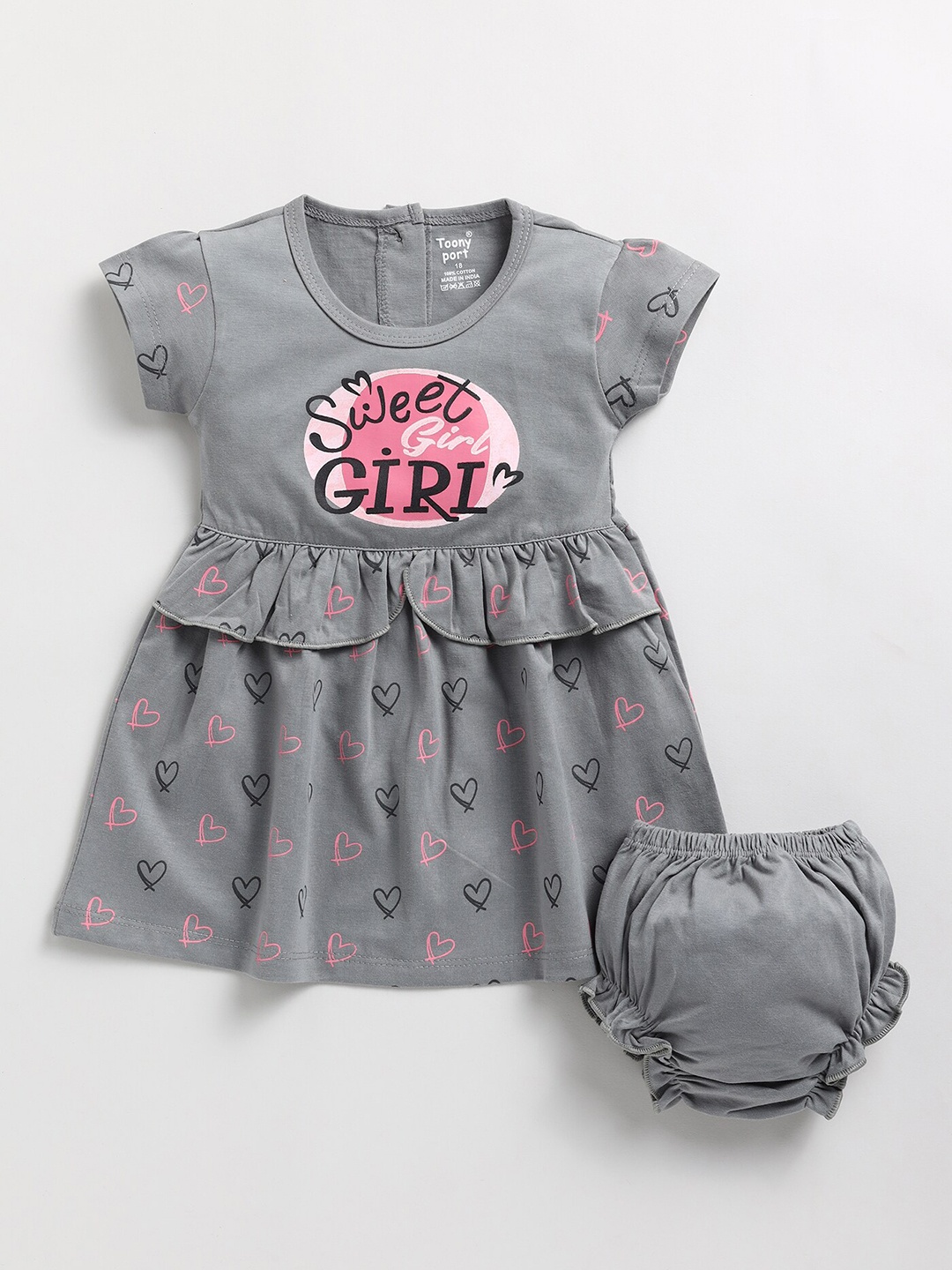 

Toonyport Girls Typography Printed Cotton Peplum Dress With Brief, Grey