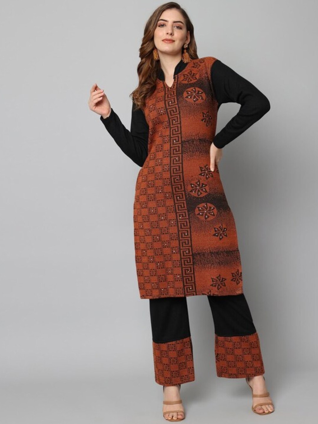

SAMMYCO Ethnic Motifs Madarin Collar Regular Kurti with Palazzos, Brown