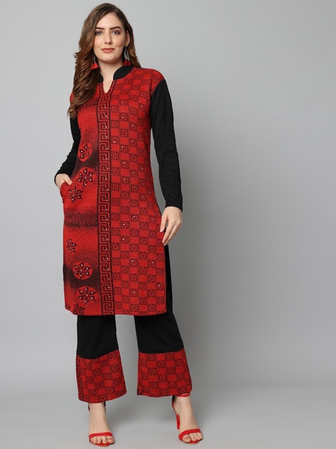 

SAMMYCO Ethnic Motifs Madarin Collar Regular Kurti with Palazzos, Red