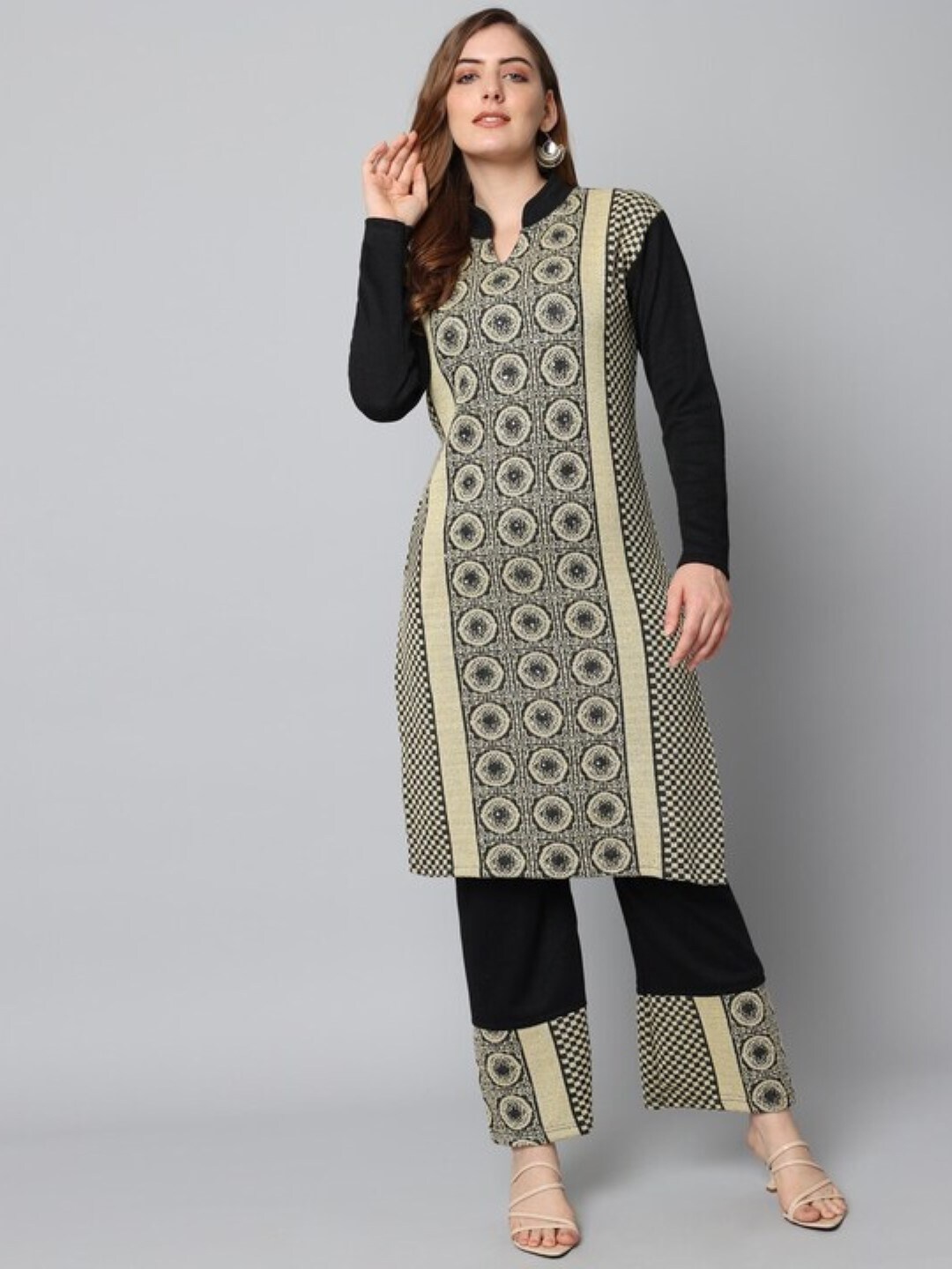 

SAMMYCO Ethnic Motifs Madarin Collar Regular Kurti with Palazzos, Beige