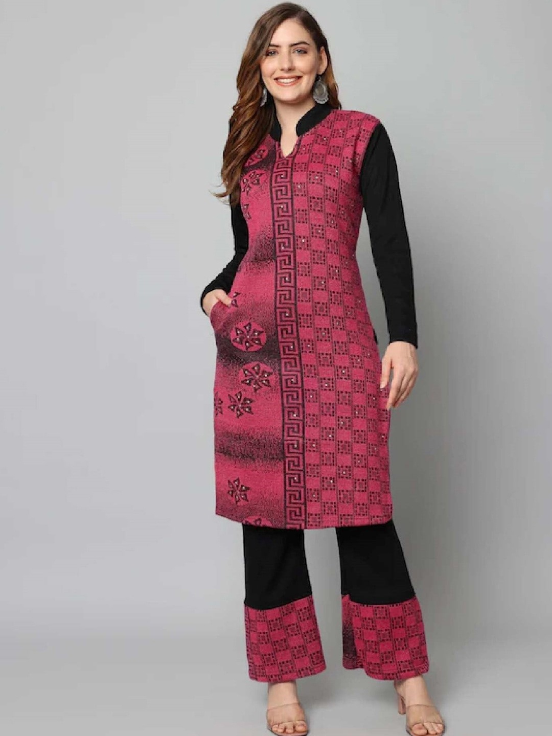 

SAMMYCO Ethnic Motif Printed Mandarin Collar Regular Kurti with Palazzos, Pink
