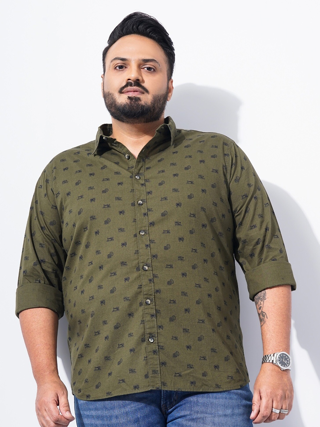 

The Indian Garage Co Plus Size Conversational Printed Cotton Casual Shirt, Olive