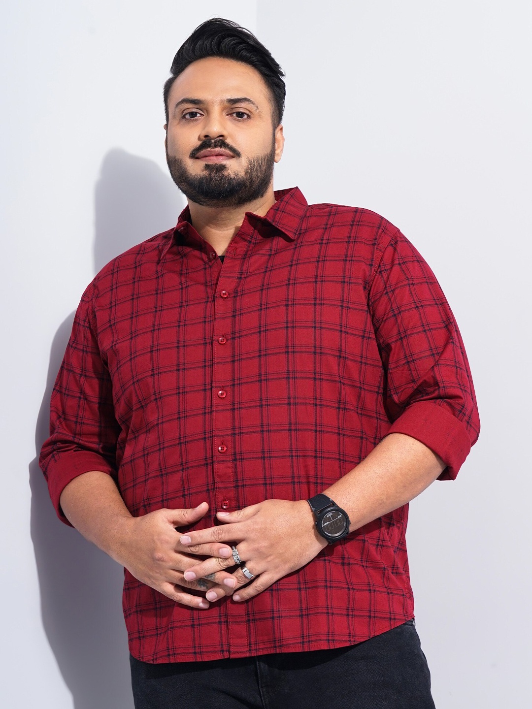 

The Indian Garage Co Plus Size Windowpane Checked Cotton Casual Shirt, Red