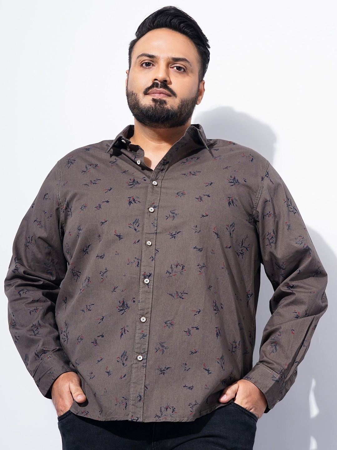 

The Indian Garage Co Plus Size Floral Printed Cotton Casual Shirt, Olive