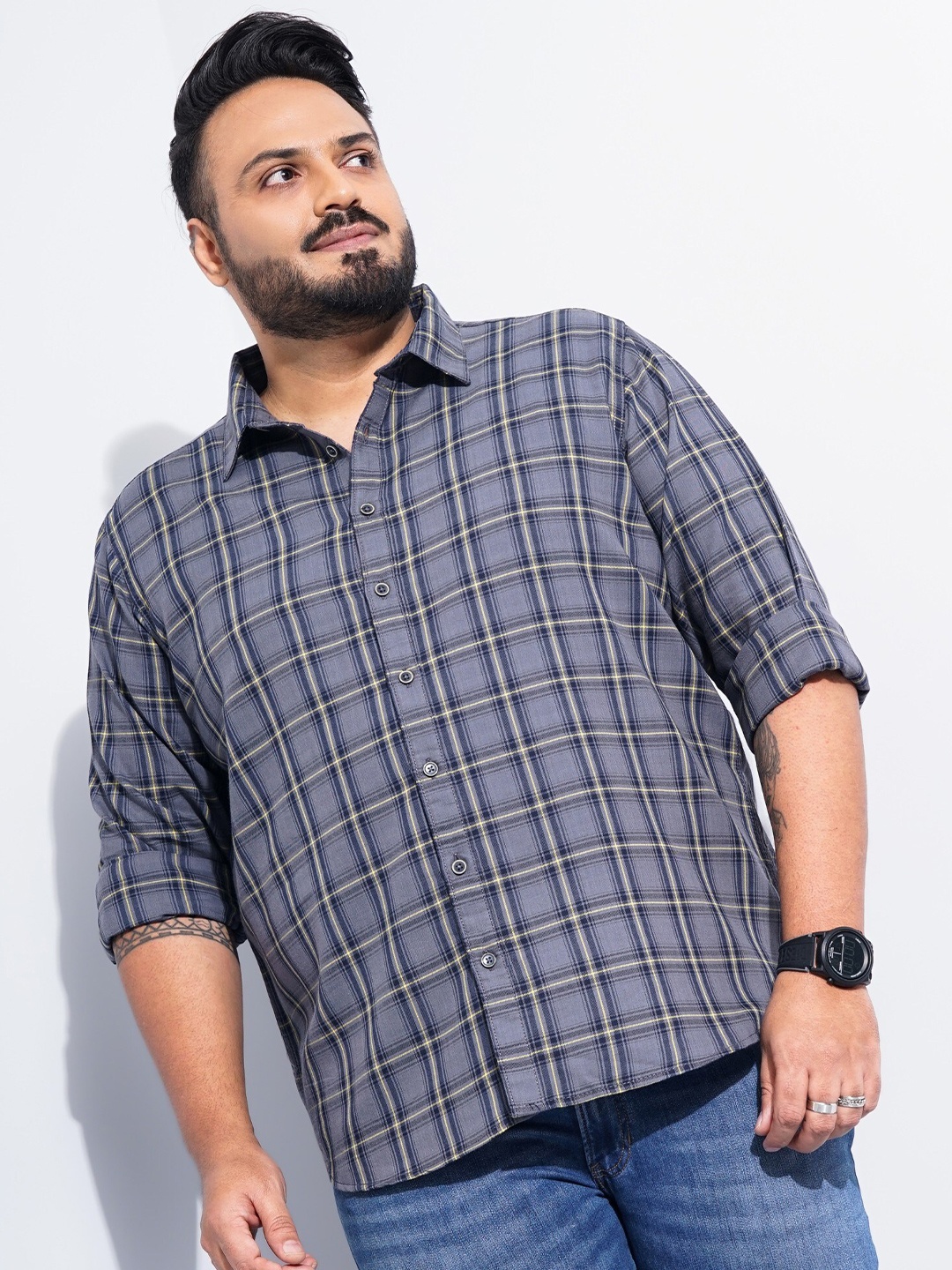 

The Indian Garage Co Plus Size Windowpane Checked Cotton Casual Shirt, Grey