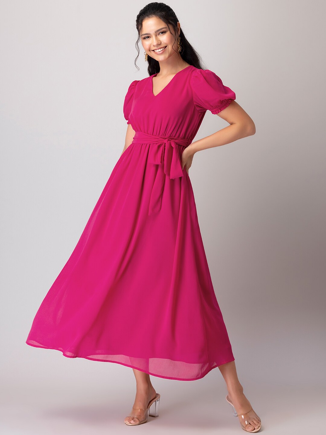 

FabAlley Pink V-Neck Puff Sleeves Tie Ups A-Line Midi Dress With Belt