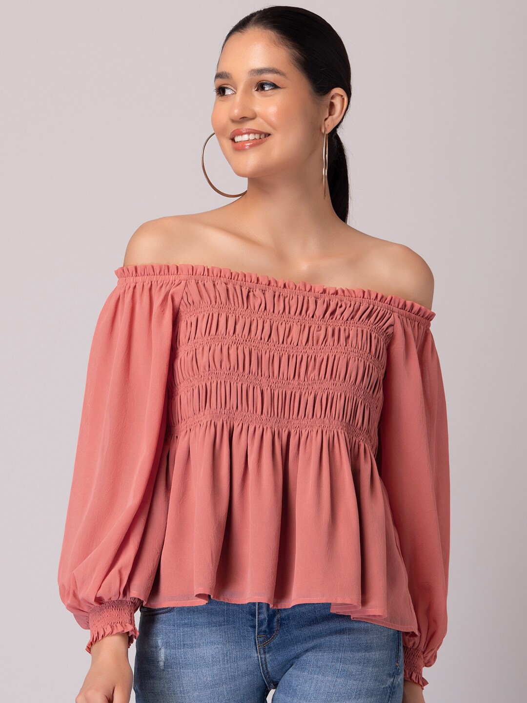 

FabAlley Peach-Coloured Off-Shoulder Puff Sleeve Georgette Bardot Top