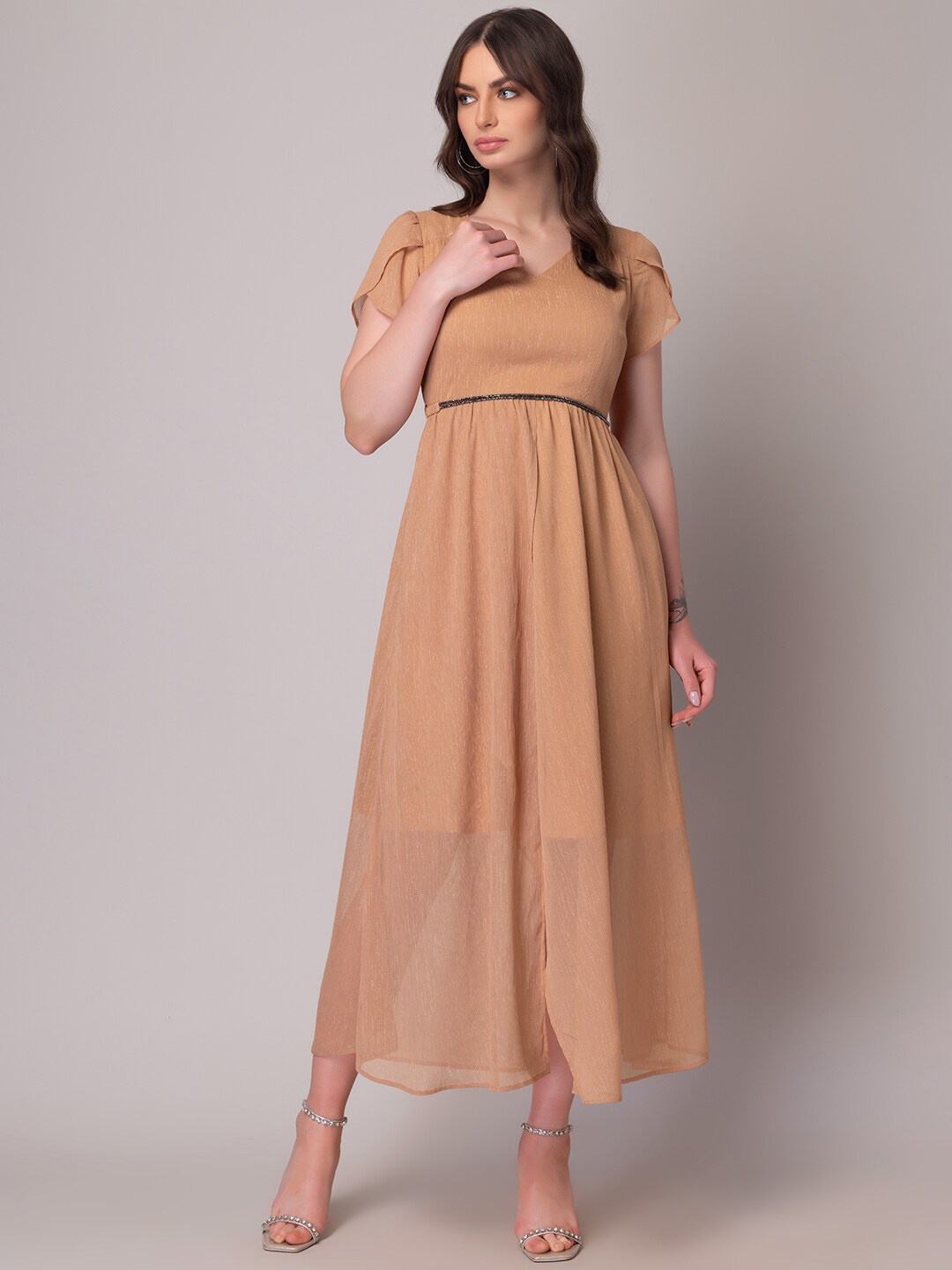 

FabAlley Beige Self Design A-Line Midi Dress With Belt