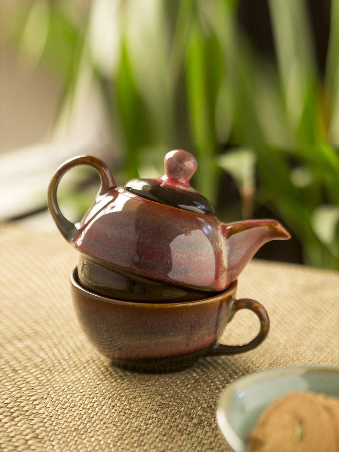 

ExclusiveLane Kettle-Cup Of Maroon Dusk Studio Pottery Glazed Ceramic Tea Set