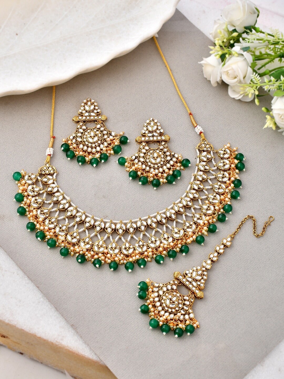 

Ishhaara Brass-Plated Stone-Studded Necklace And Earrings With Maang Tika, Gold