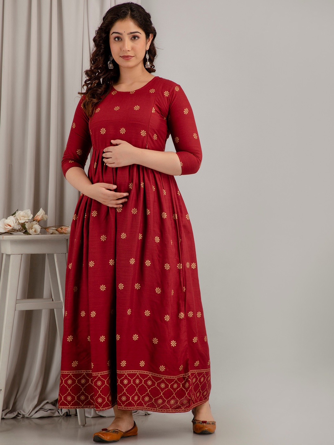 

Mialo fashion Ethnic Motifs Printed Fit & Flare Midi Feeding Maternity Ethnic Dress, Maroon