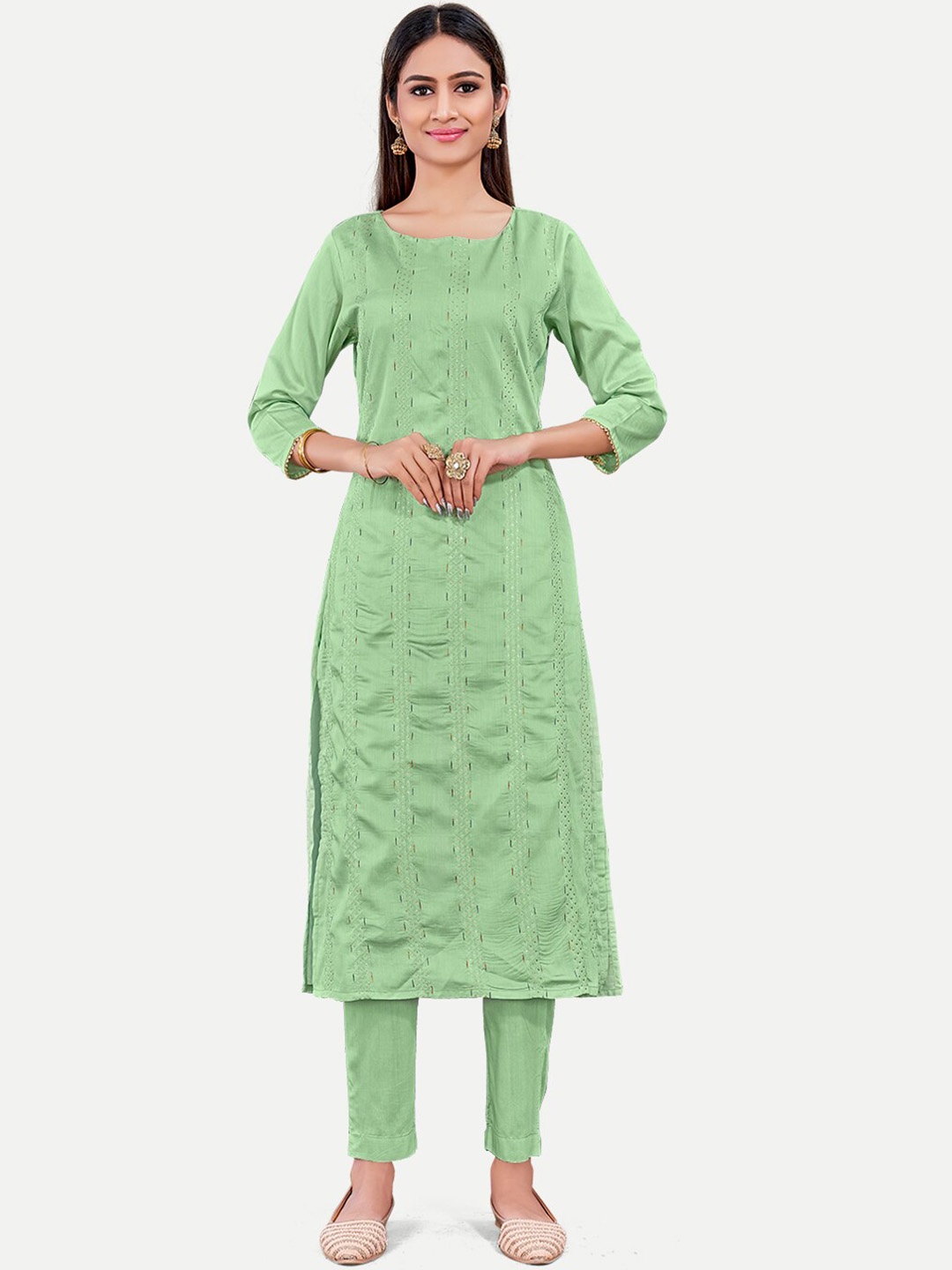 

TAVAS Embroidered Regular Sequinned Kurta With Trousers, Green