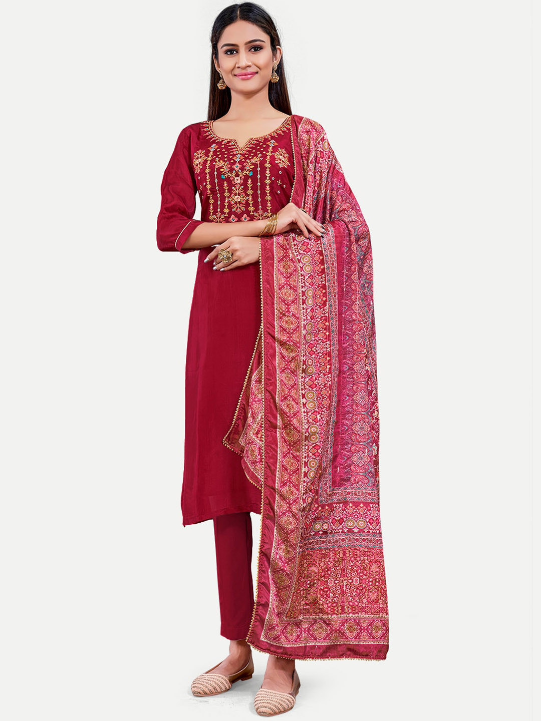 

TAVAS Floral Embroidered Regular Kurta with Trousers & With Dupatta, Maroon
