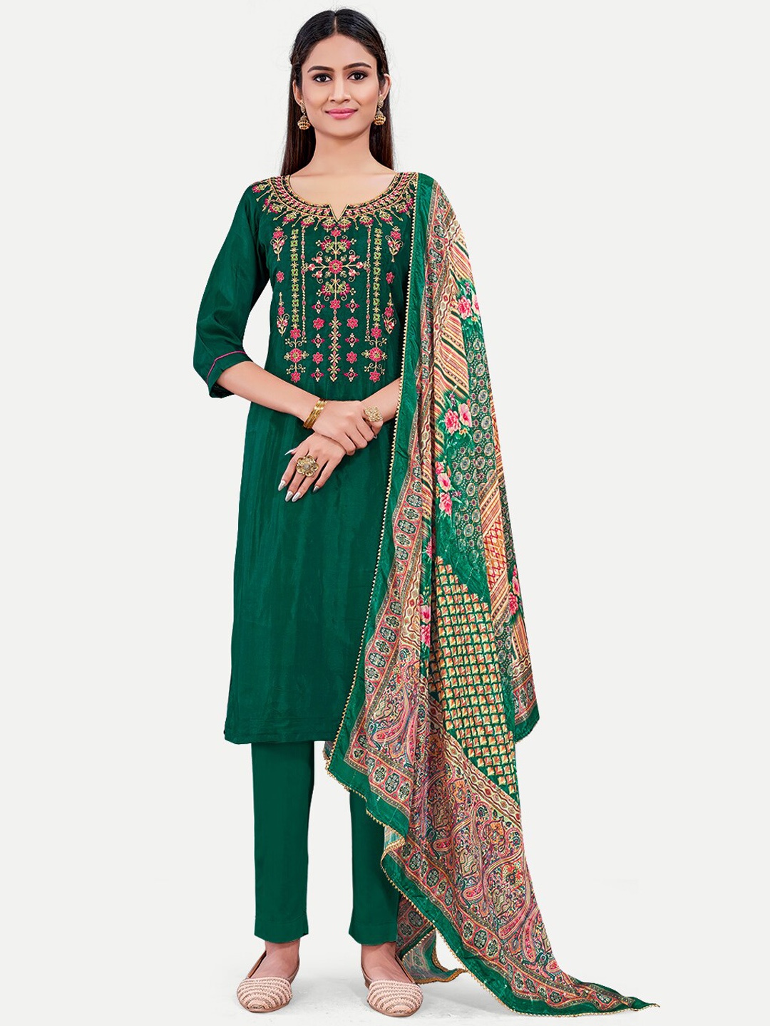 

TAVAS Floral Embroidered Regular Kurta with Trousers & With Dupatta, Green