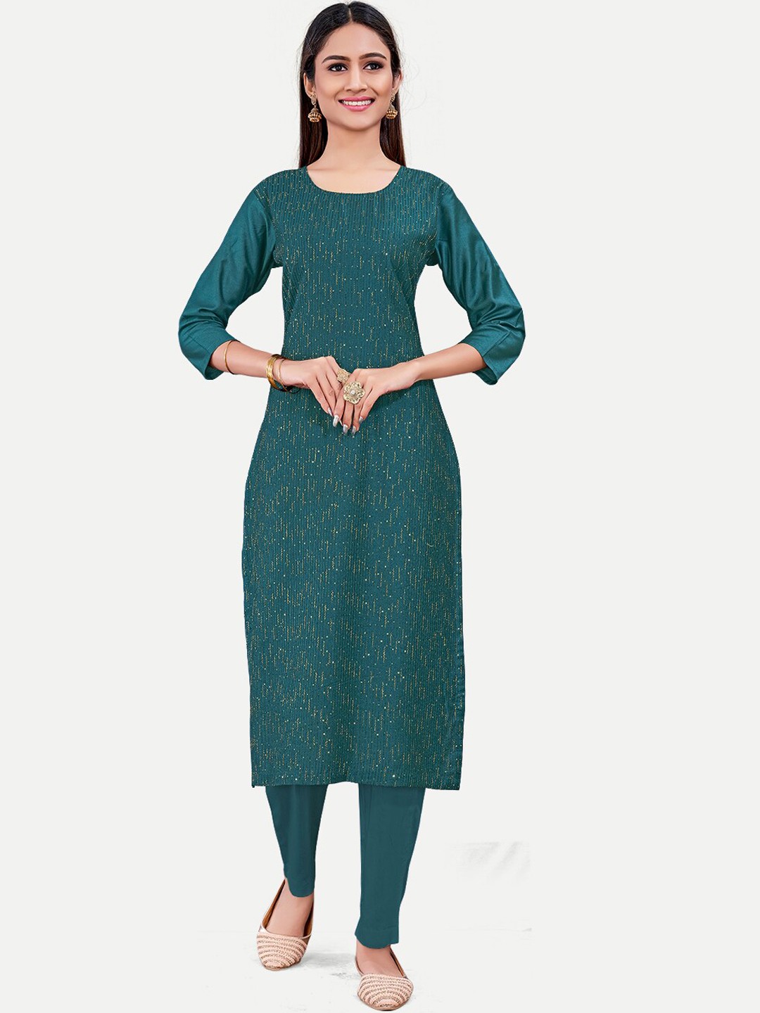 

TAVAS Striped Embroidered Beads and Stones Pure Silk Kurta And Trousers, Teal