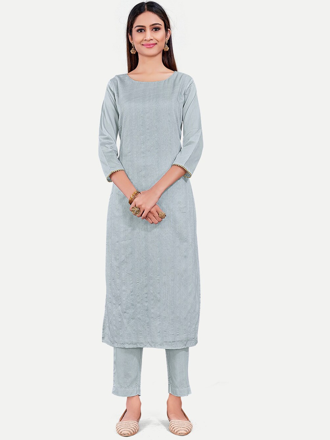 

TAVAS Embroidered Regular Kurta with Trousers, Grey