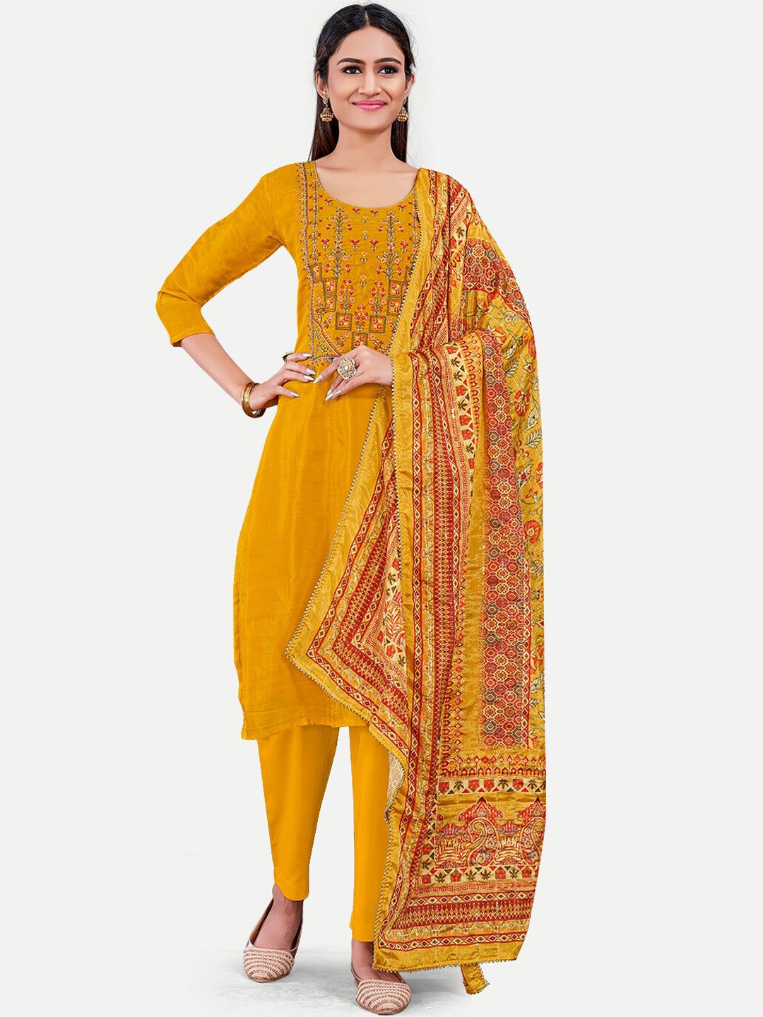 

TAVAS Floral Yoke Design Thread Work Kurta with Trousers & Dupatta, Mustard