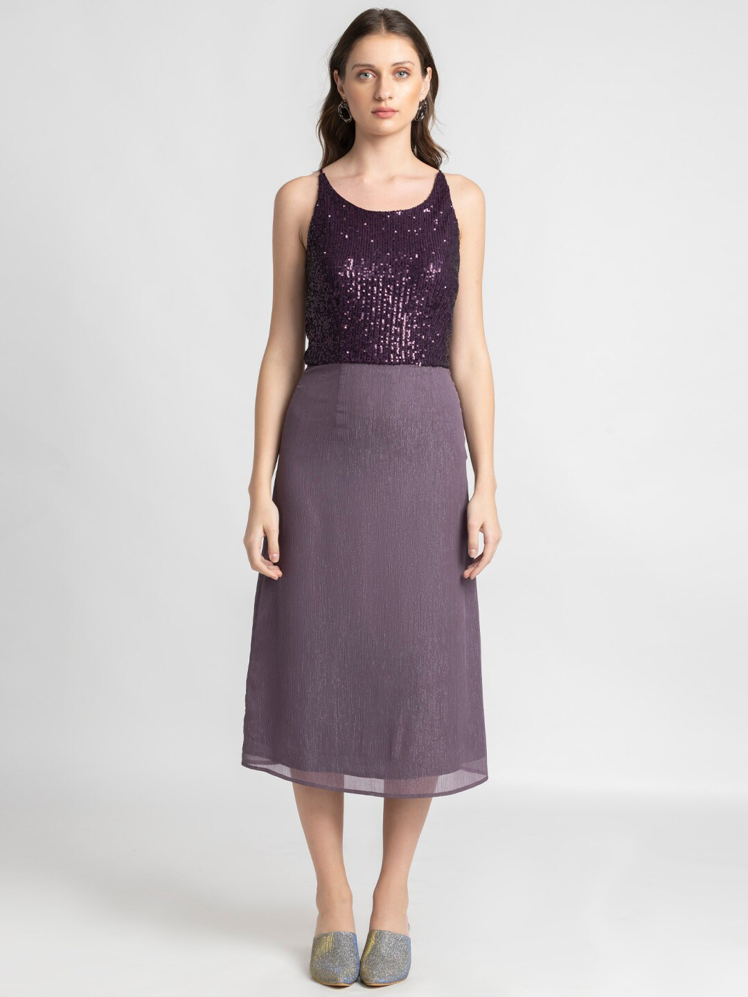

SHAYE Sequin Embellished Shoulder Strapped Satin A-Line Midi Dress, Purple