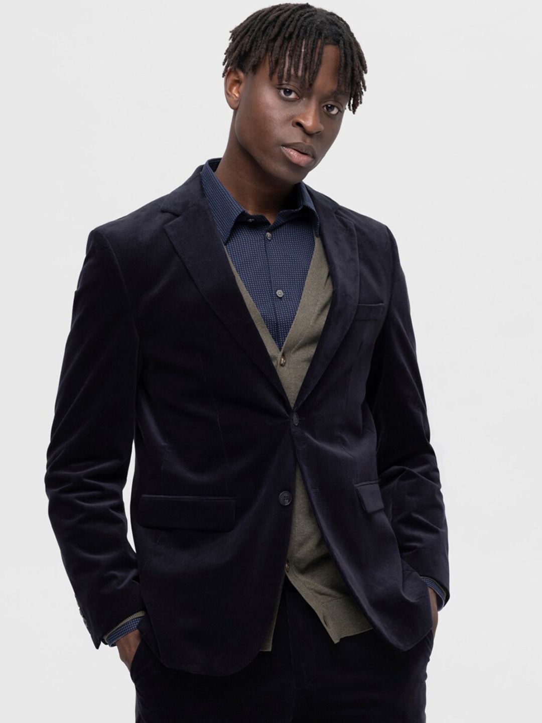 

SELECTED Self Design Slim-Fit Single Breasted Blazer, Navy blue