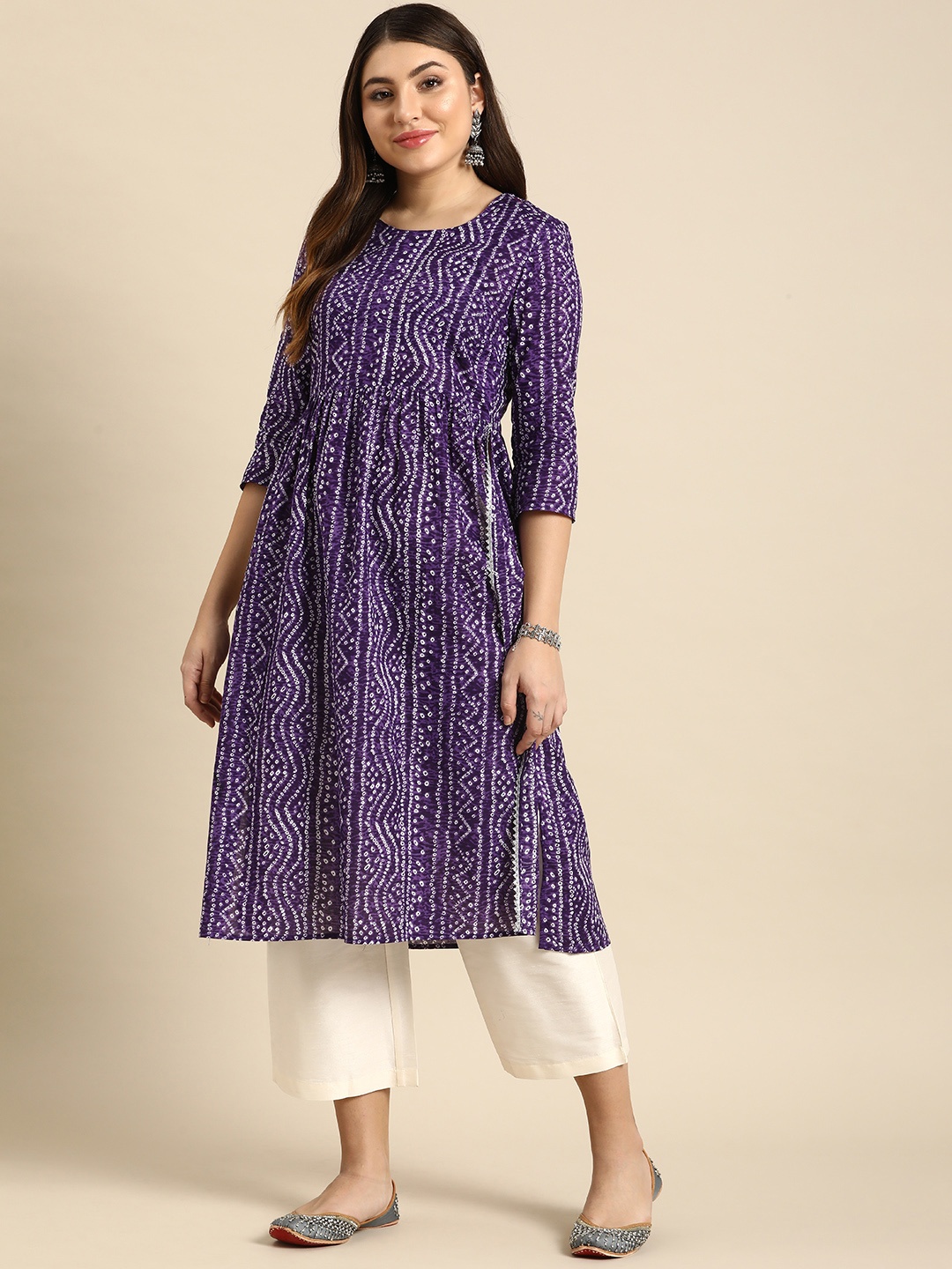 

Anouk Bandhani Printed High Slit Pure Cotton Kurta, Purple